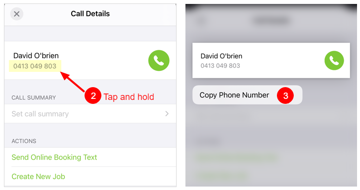 copying the phone number