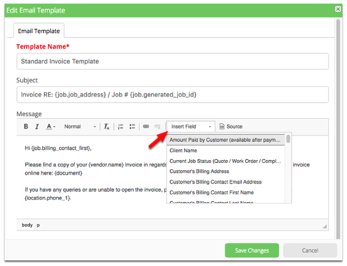 To select field(s) to use, click Insert Field drop down list