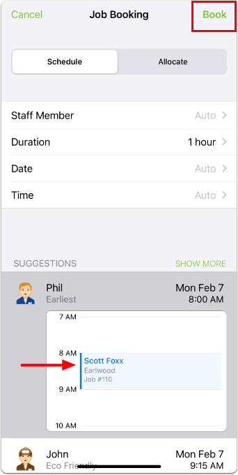 booking represented in staff member calendar