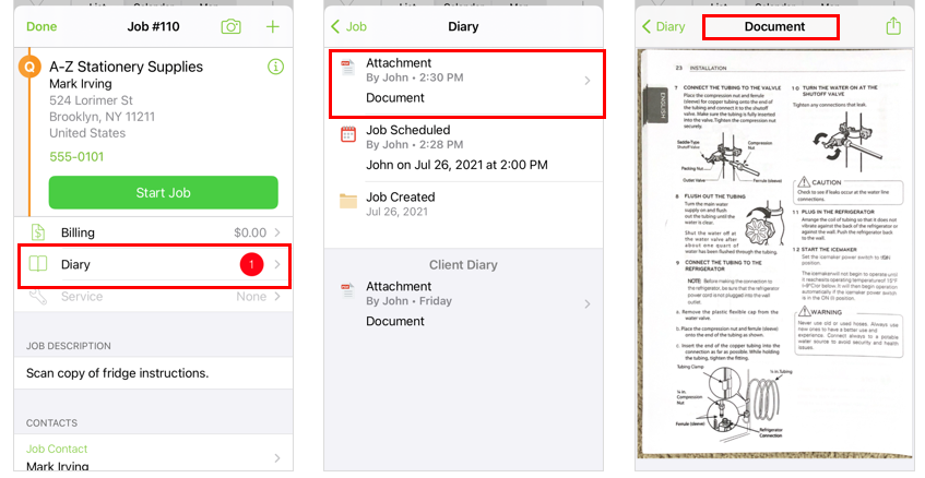 saved scan as a document in the job diary