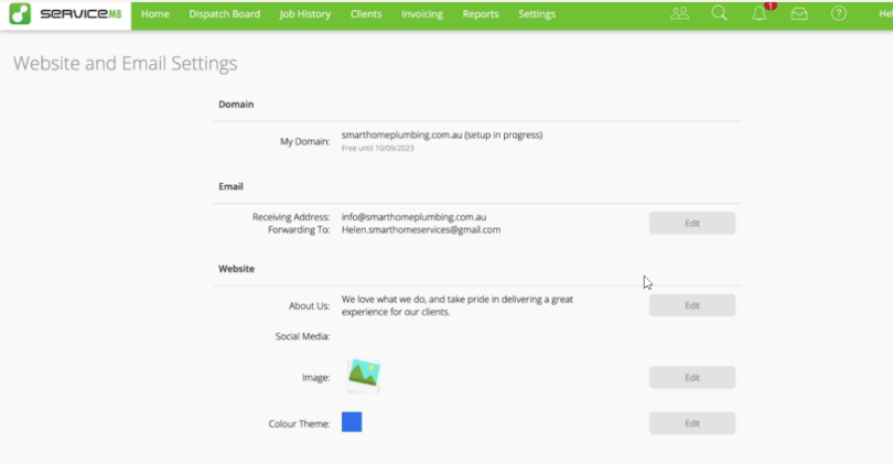 website and email settings page