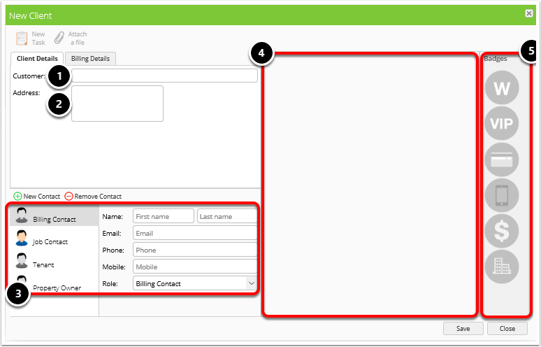 Client card fields and diary overview