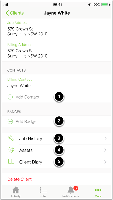 Client Card details and actions in app