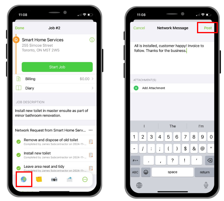 sending messages through Network updates in iOS app