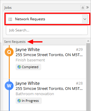 Jobs Lists filtered to Network Requests