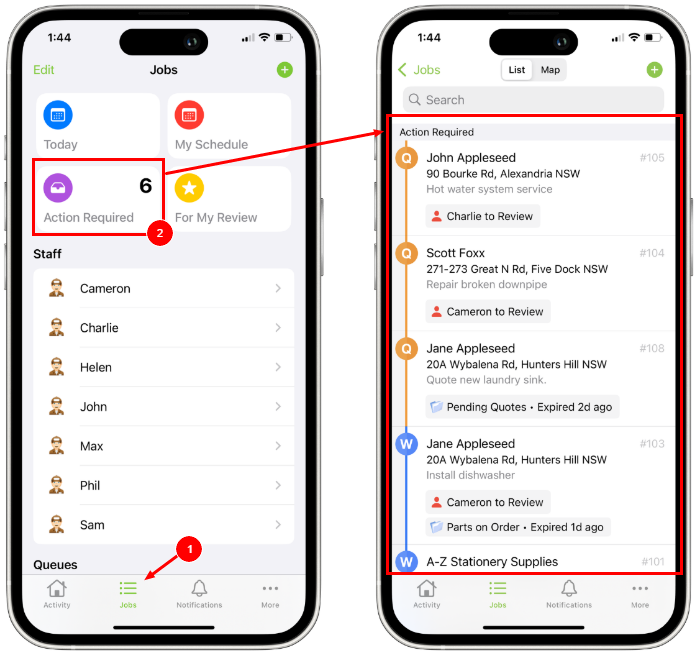 opening the Action Required list in the app