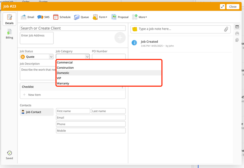 Assigning a Job Category in the job card