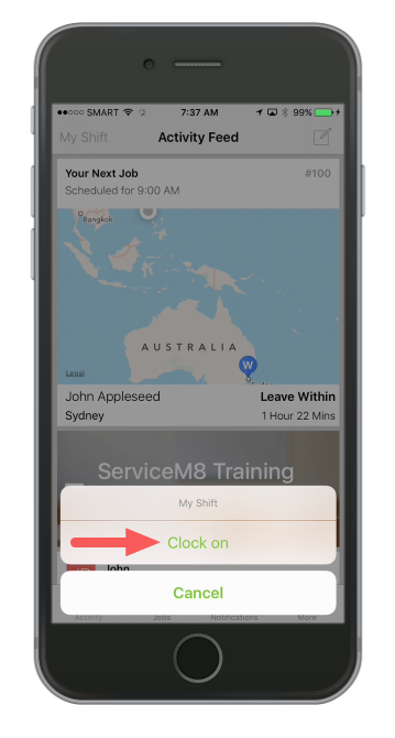 Tap Clock on, to start time recording
