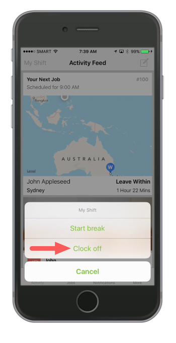 Once your work day or shift is over, tap My Shift again then tap Clock off