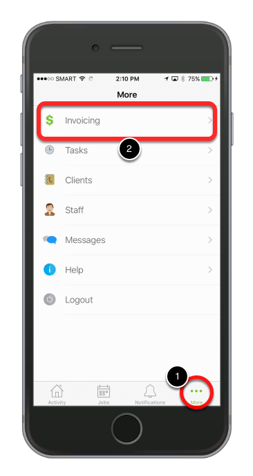 From the main screen, tap More... then tap Invoicing