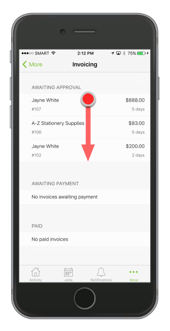 In the Invoicing screen, swipe up or down to browse a job for approval, awaiting payment and paid jobs.