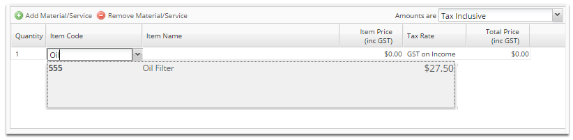 Search for an item by typing in the item code or name field
