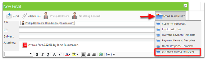 Click Email Templates and select invoice template email