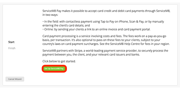 ServiceM8 Pay setup process start screen