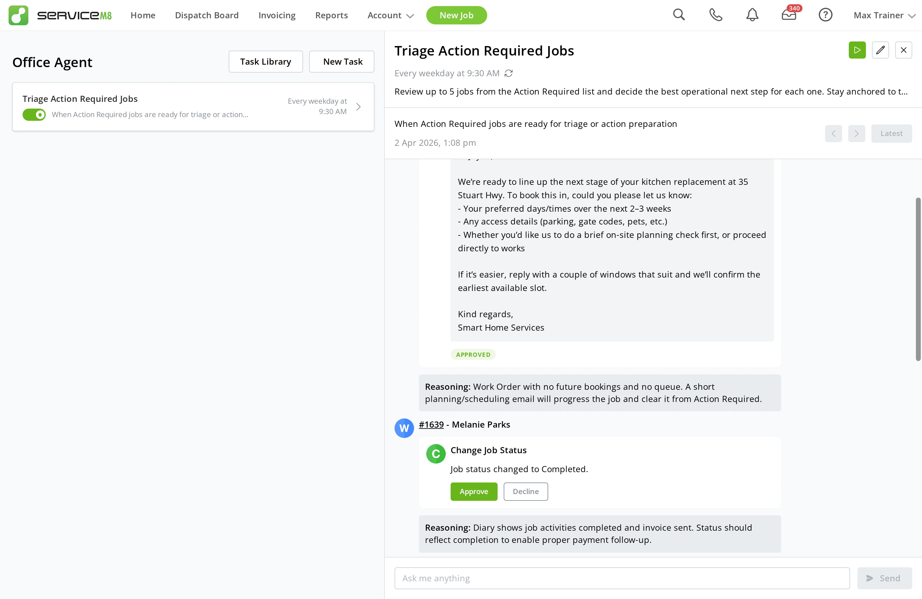 Office Agent task conversation showing email and status update suggestions