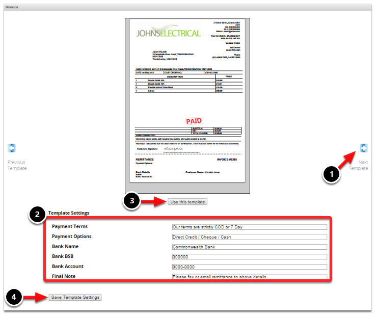 Select an invoice with bank details in the Template Settings