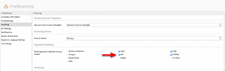 Selecting EFT in Preferences