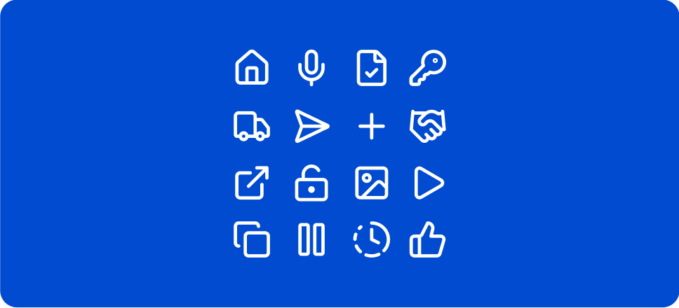 A grid of sixteen white outlined Lucide icons on a blue
background