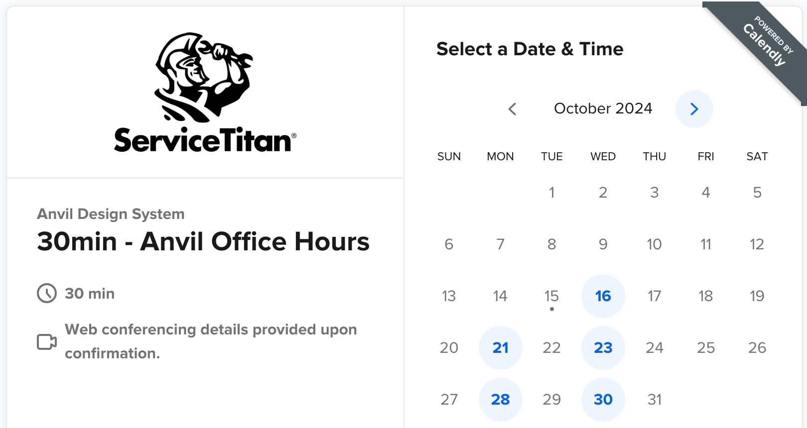 Calendly page for scheduling Anvil Office
Hours