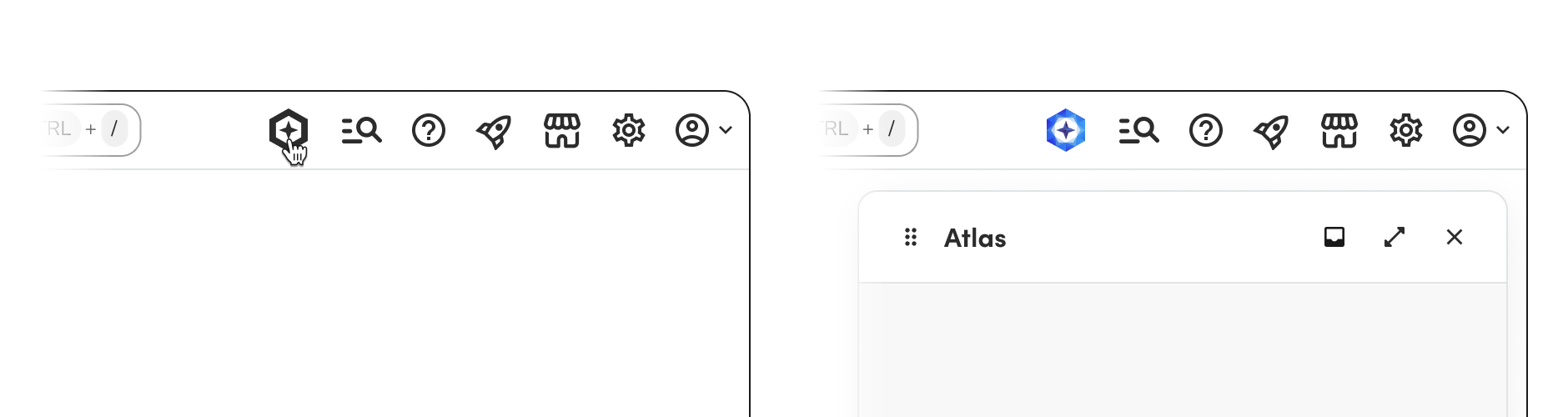 Global navigation Atlas launcher, neutral when closed and blue when the Atlas window is open