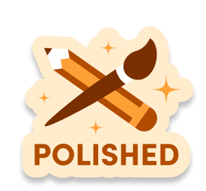 A pencil and paint brush crossed, with the word "Polished" below