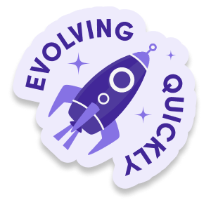 A rockship with the words "Evolving Quickly" around it