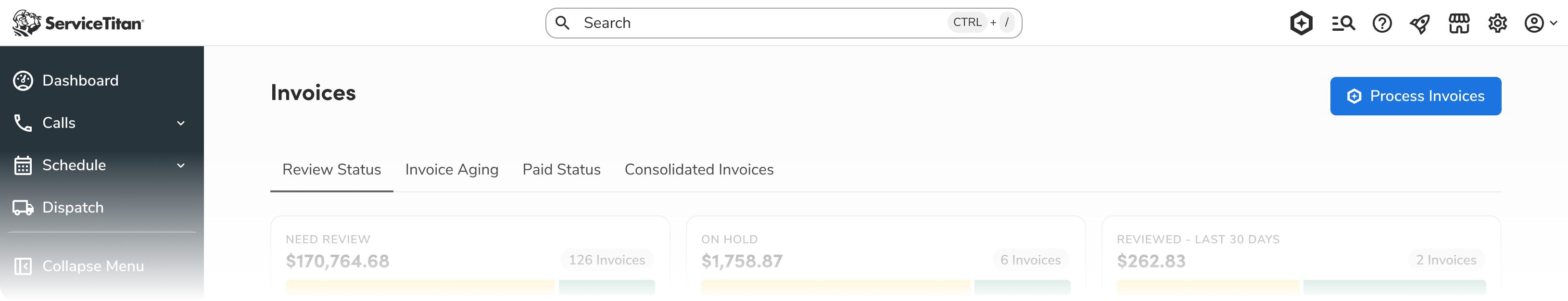Invoices page. The Process Invoices button in the page header carries an icon. The page title does not.