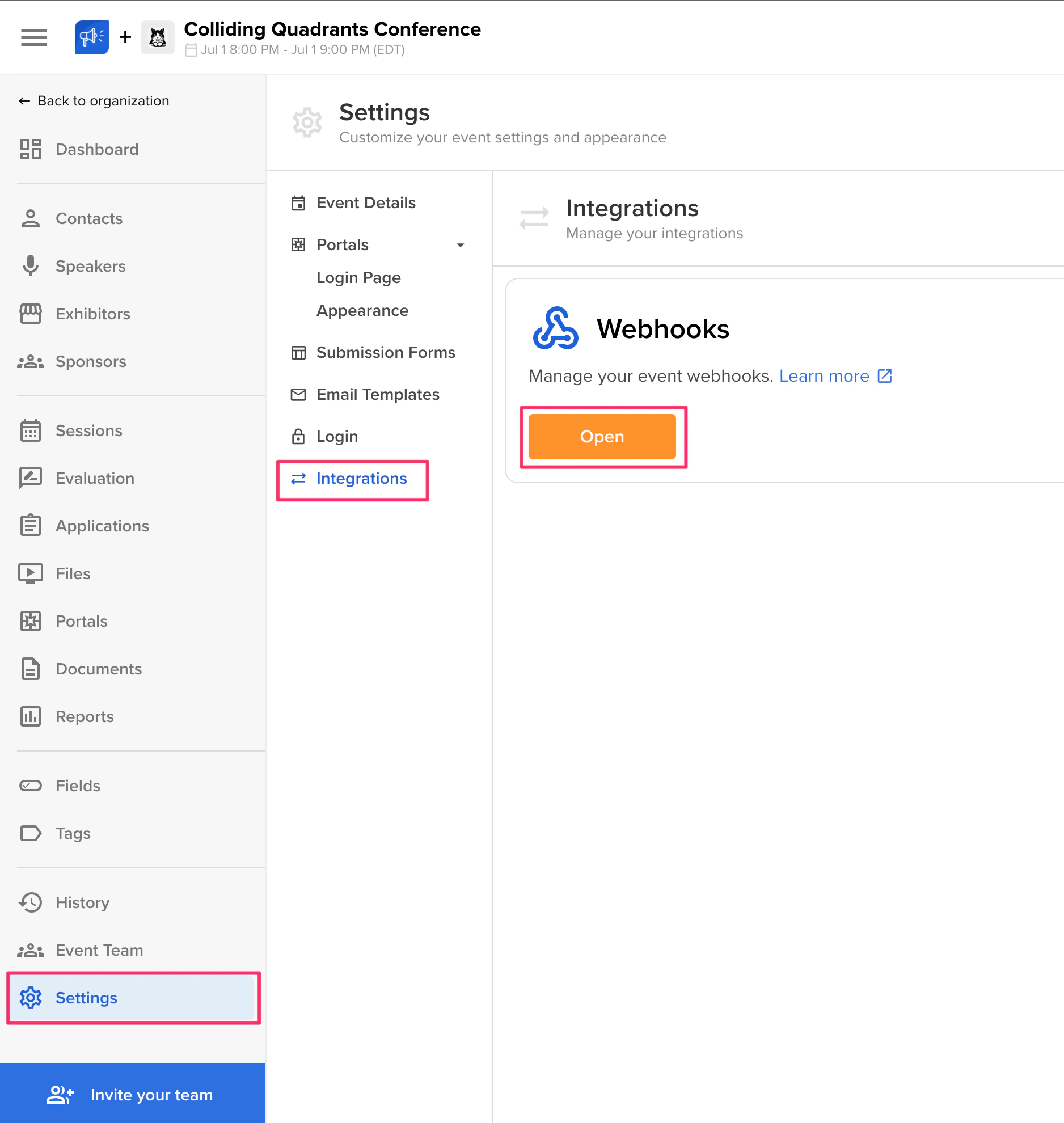 Webhook settings panel