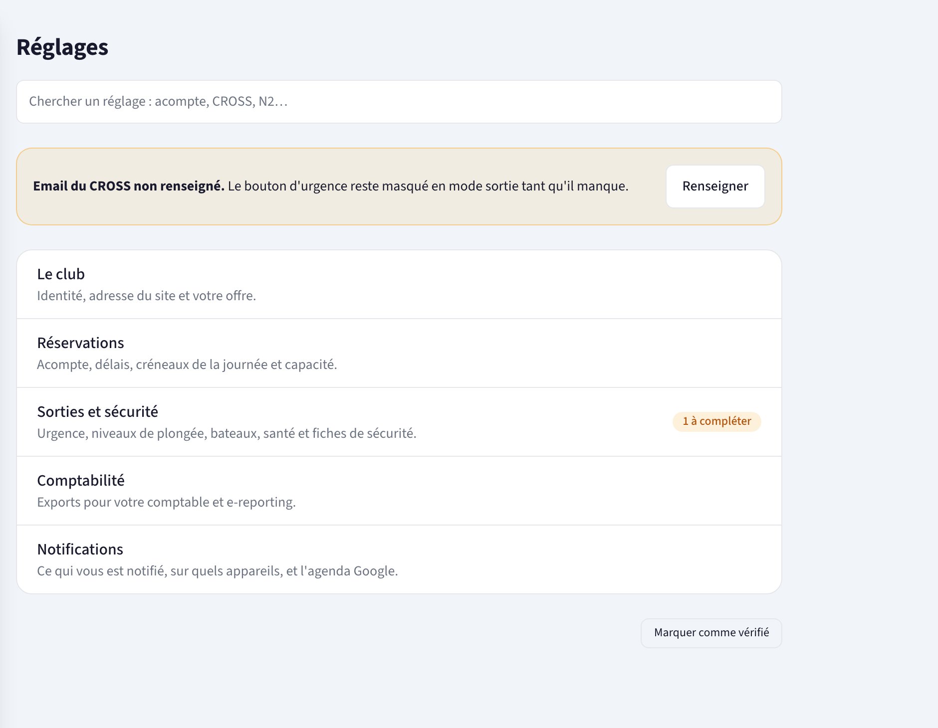 Page Réglages : champ de recherche, bandeau des réglages à compléter et liste des groupes