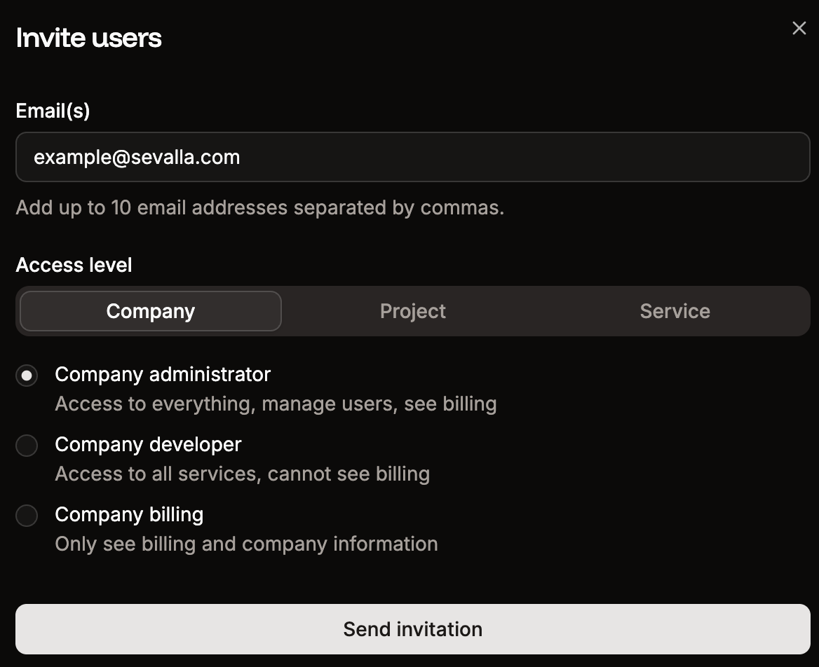User invite details with company access