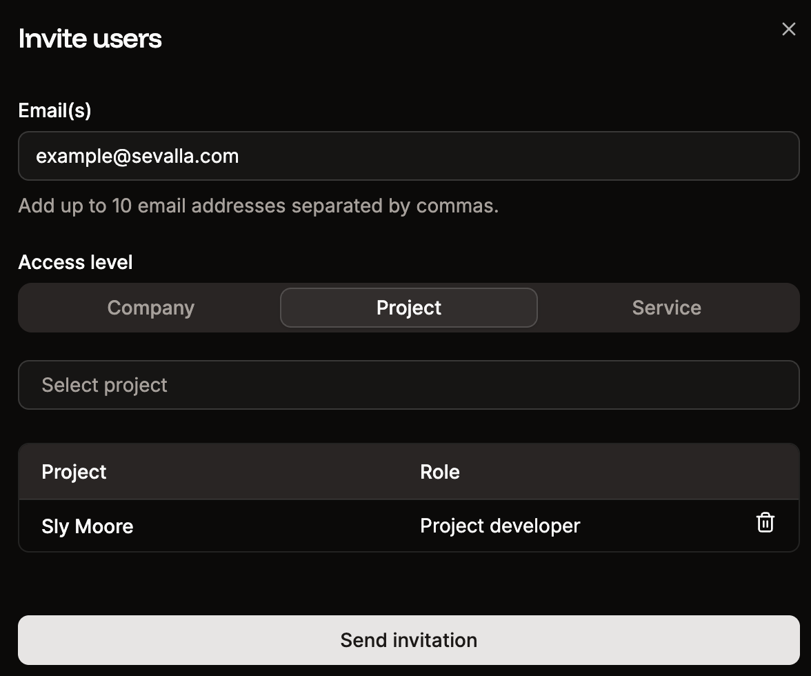 User invite details with project access