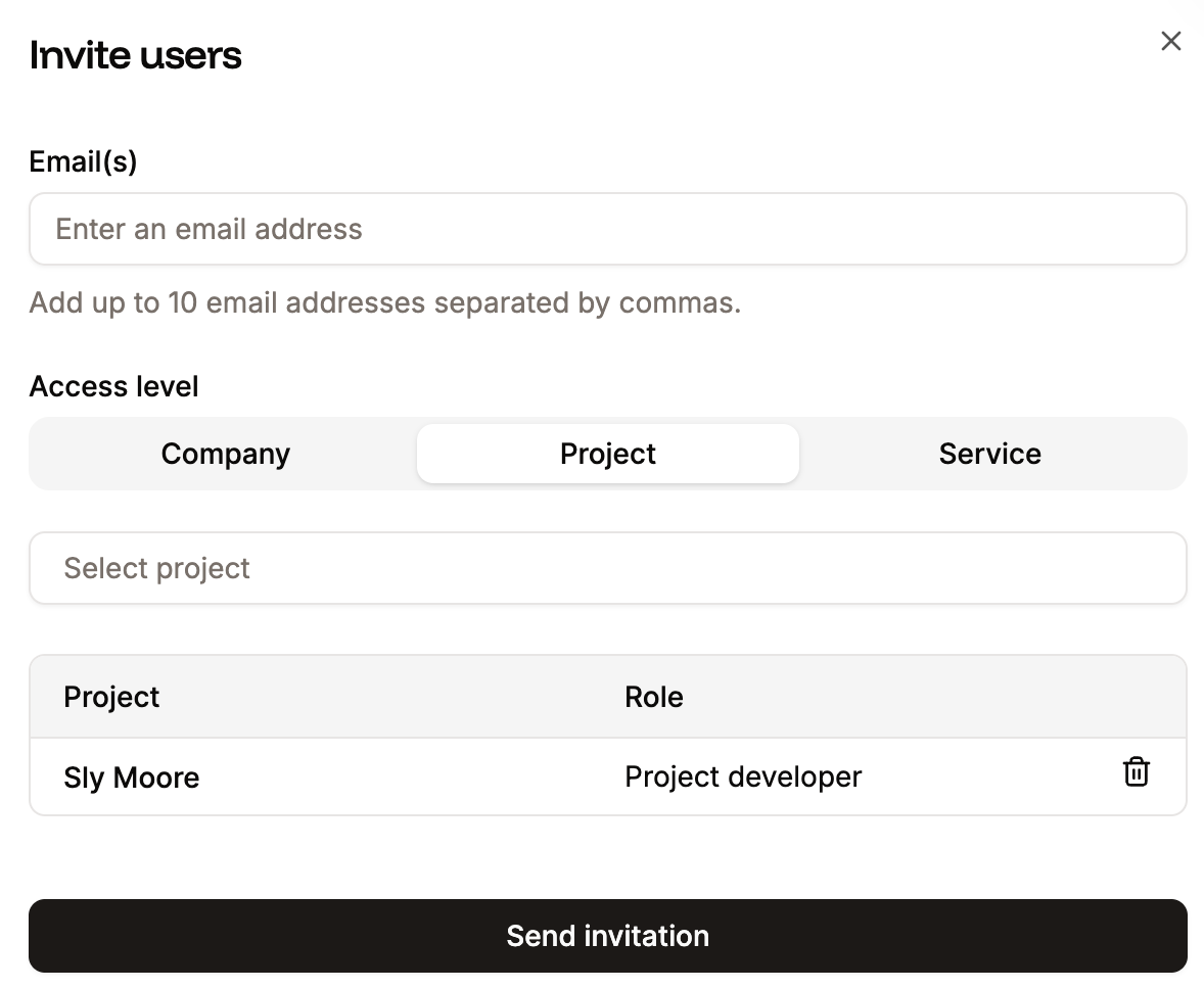 User invite details with project access