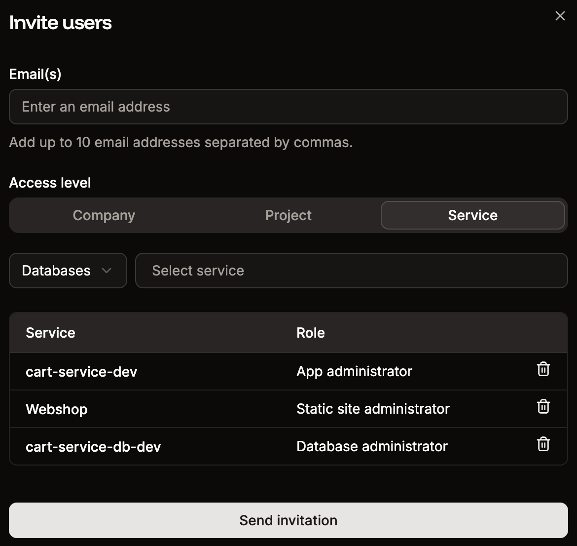 User invite details with service access
