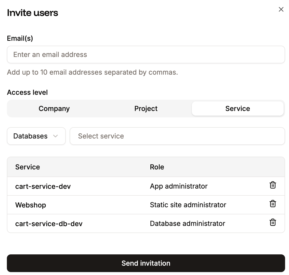 User invite details with service access