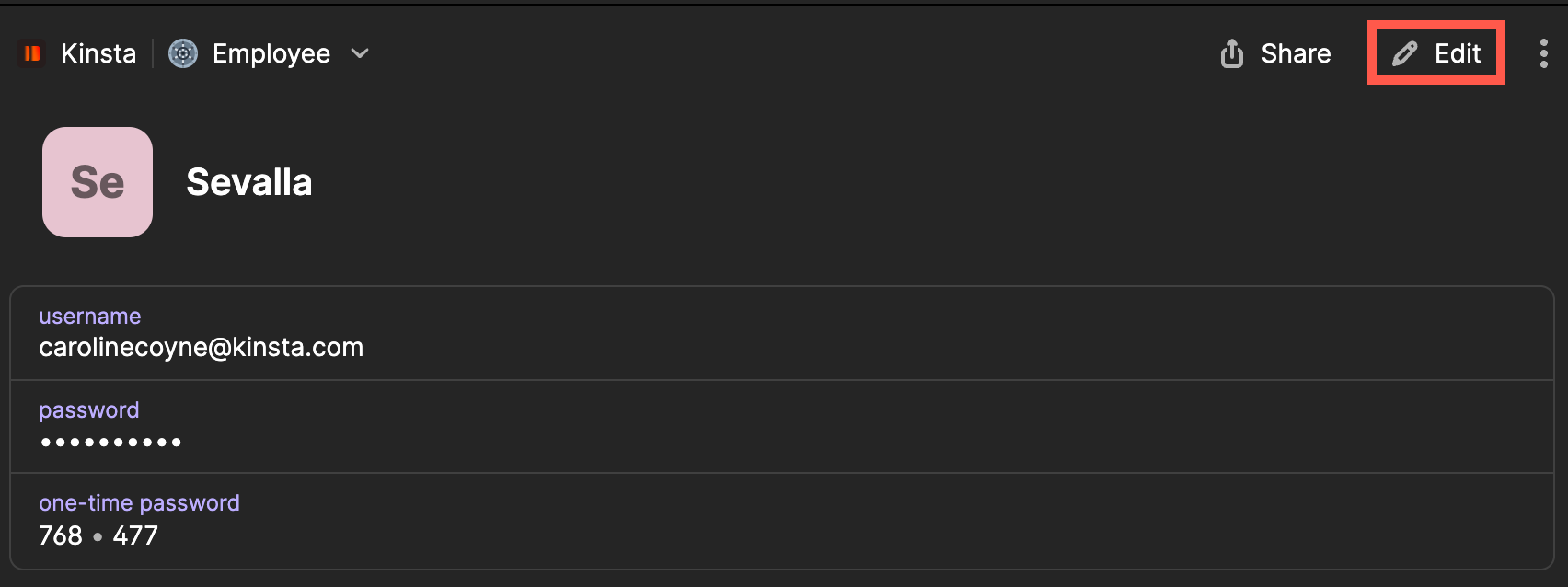 Find and edit your Sevalla login profile in 1Password