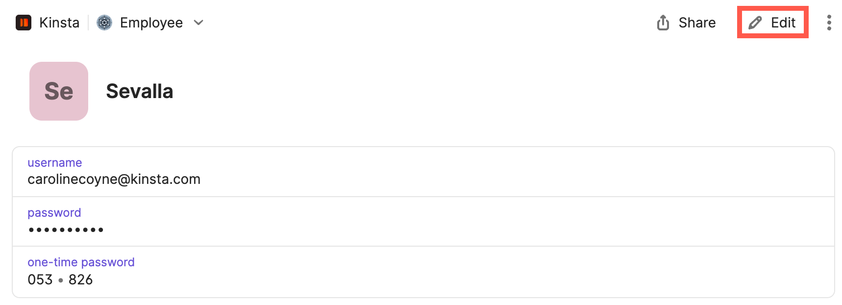 Find and edit your Sevalla login profile in 1Password