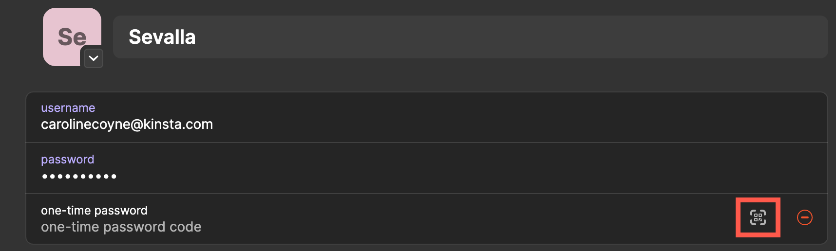 Click the QR code icon to activate the QR code scanner in 1Password