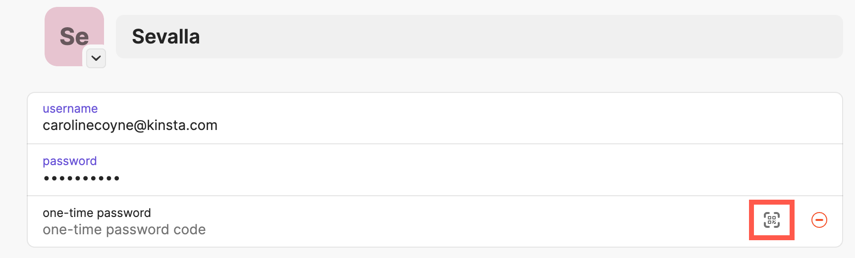Click the QR code icon to activate the QR code scanner in 1Password