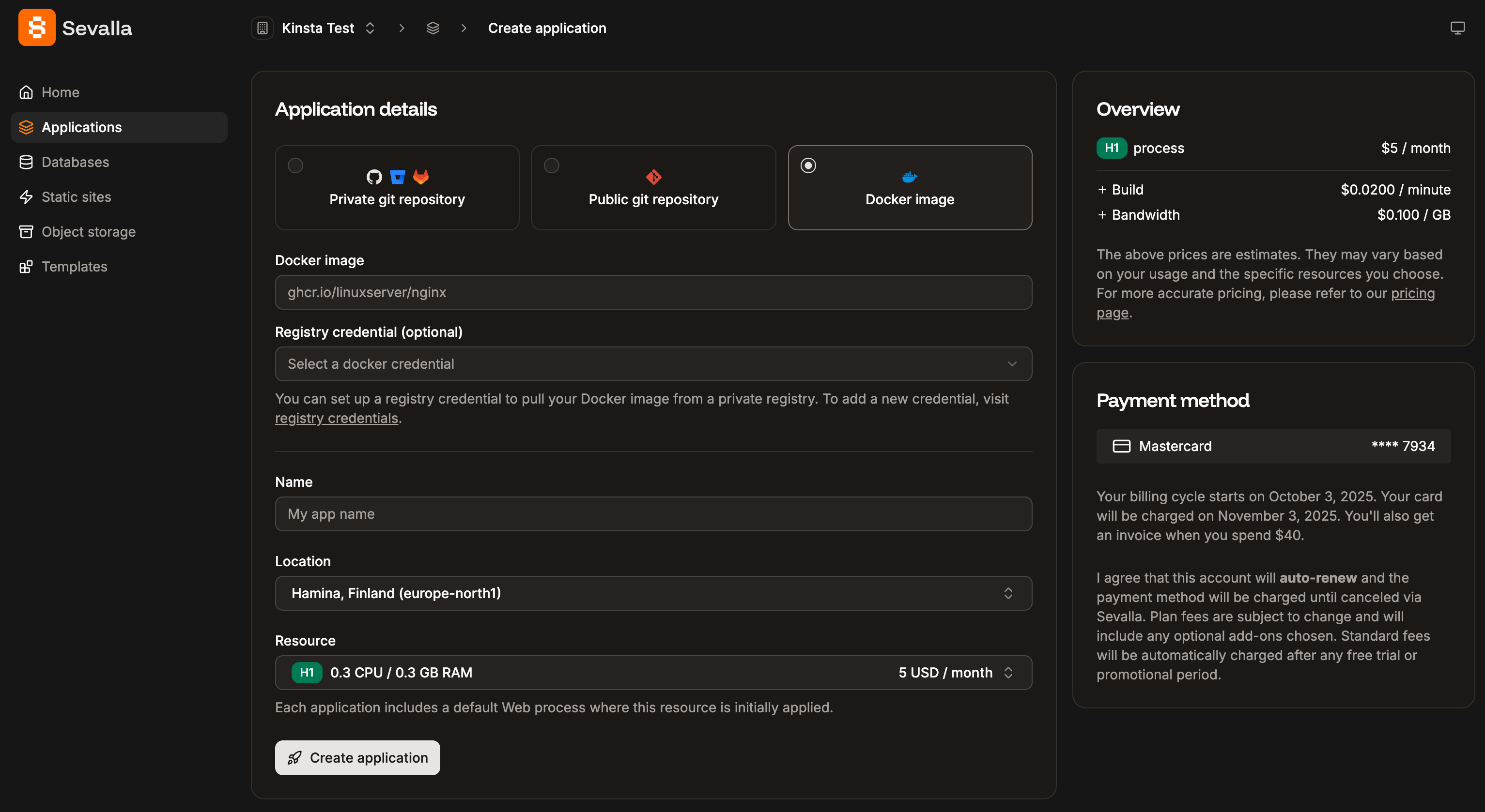 Add a new application using a Docker image