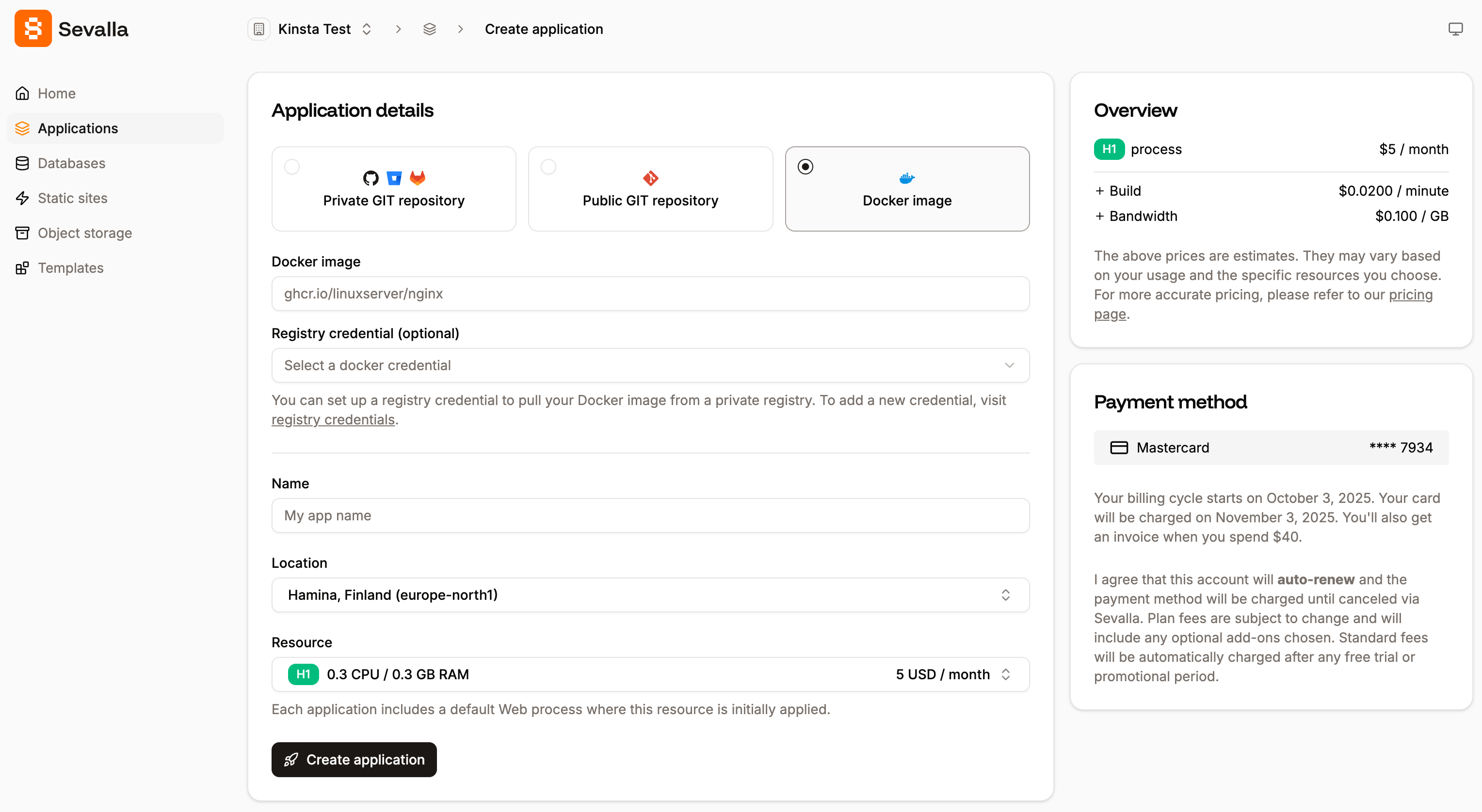 Add a new application using a Docker image