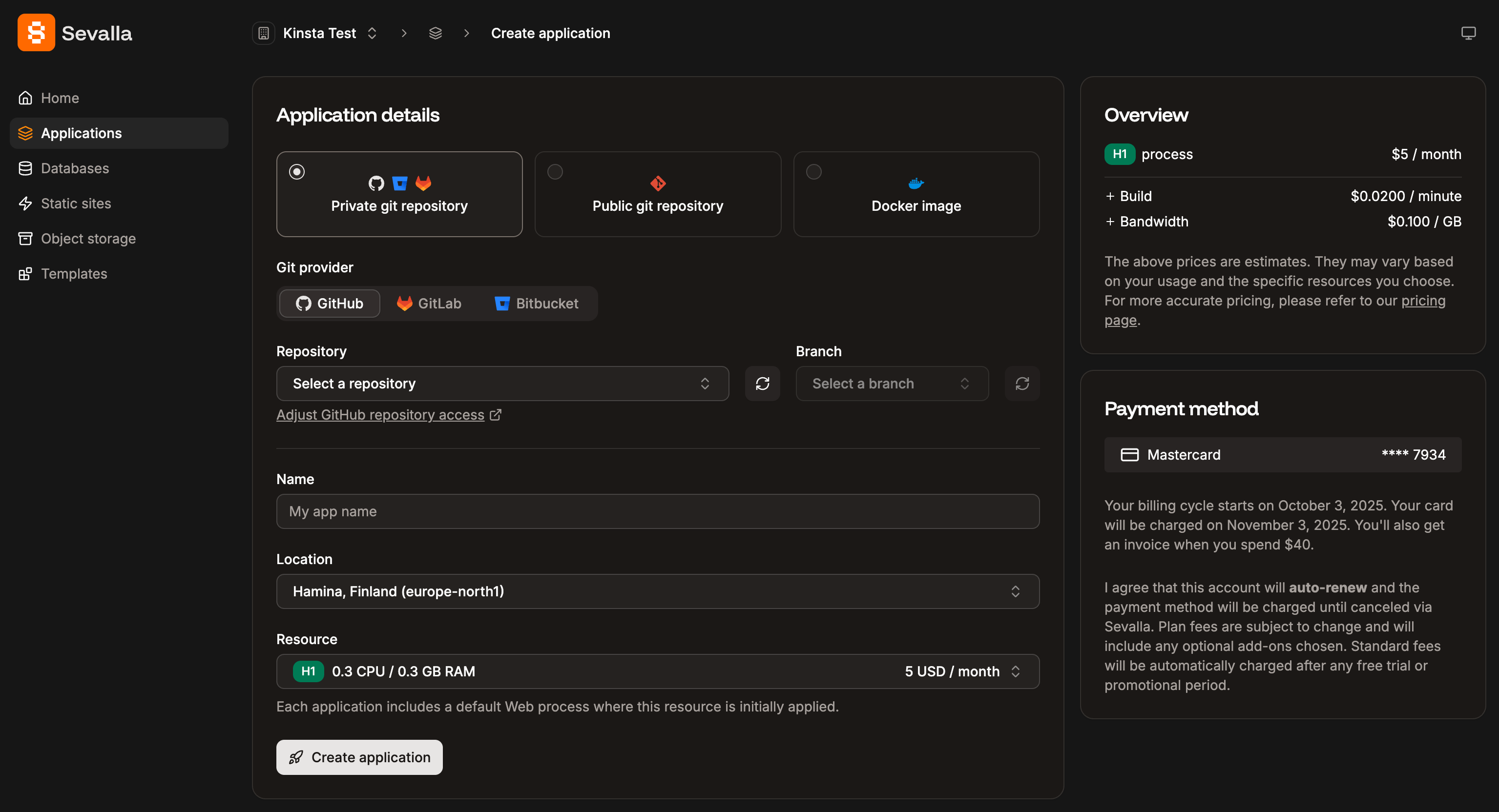 Add a new application using a private Git repository