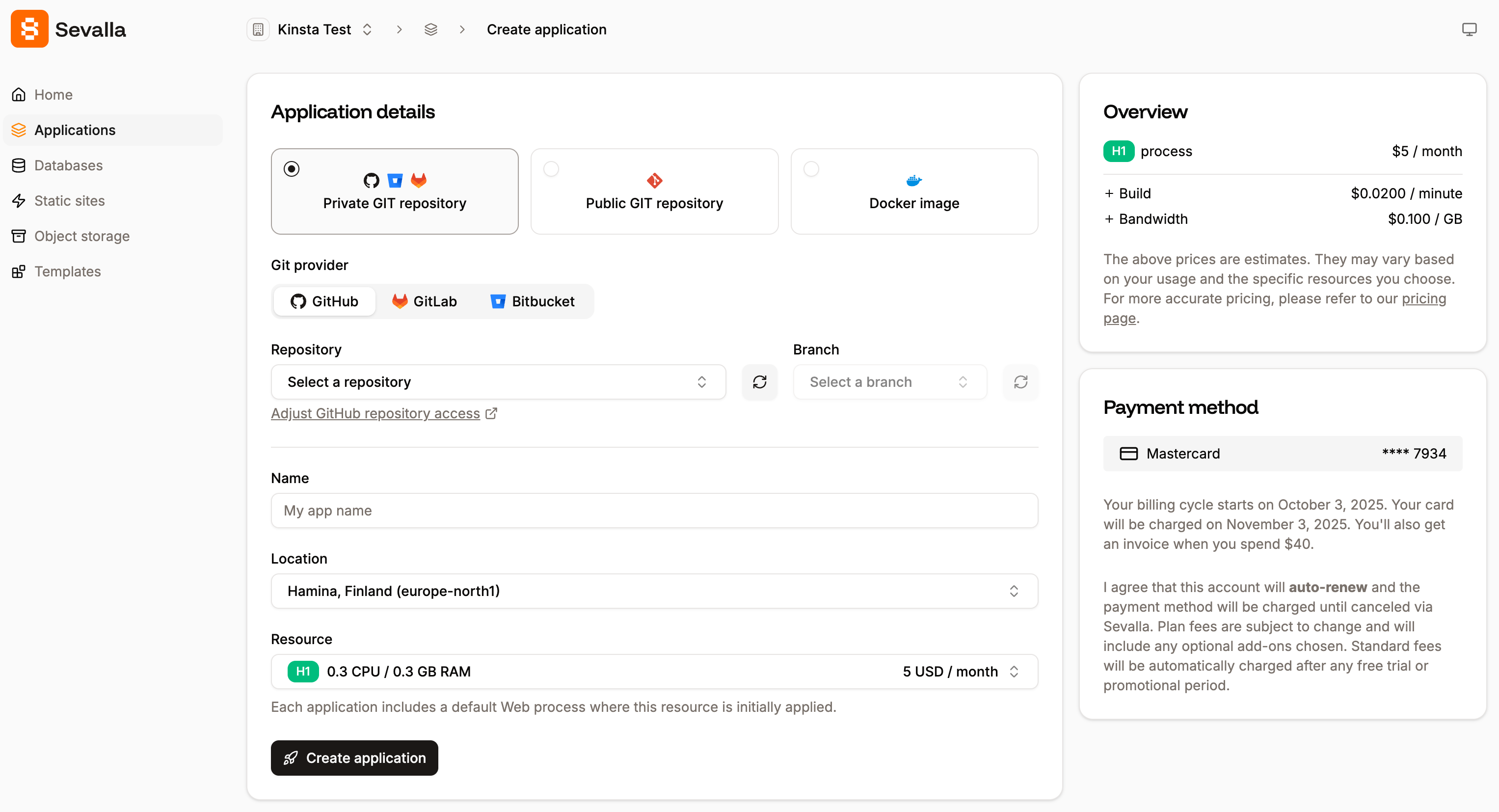 Add a new application using a private Git repository