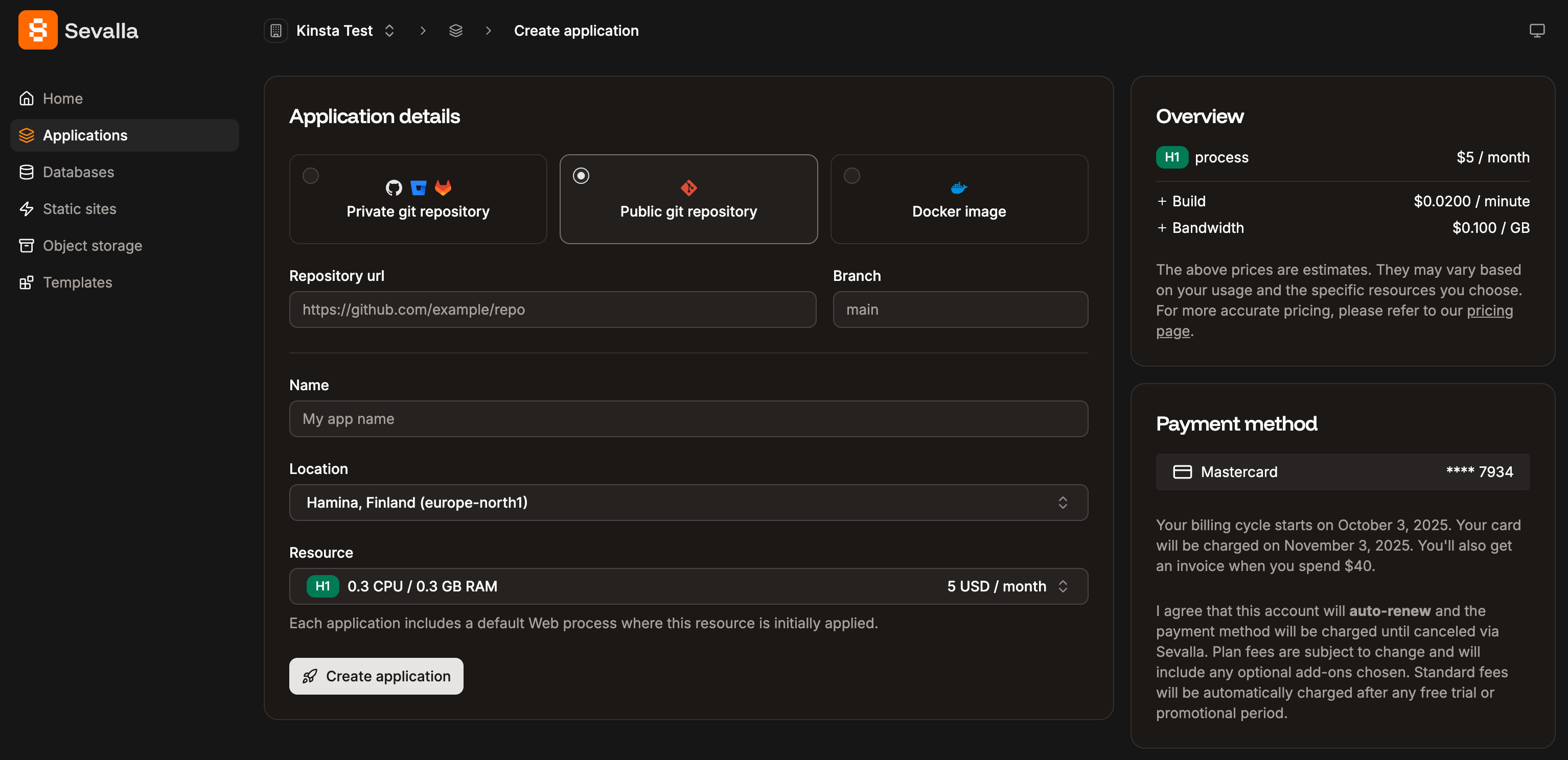 Add a new application using a public Git repository