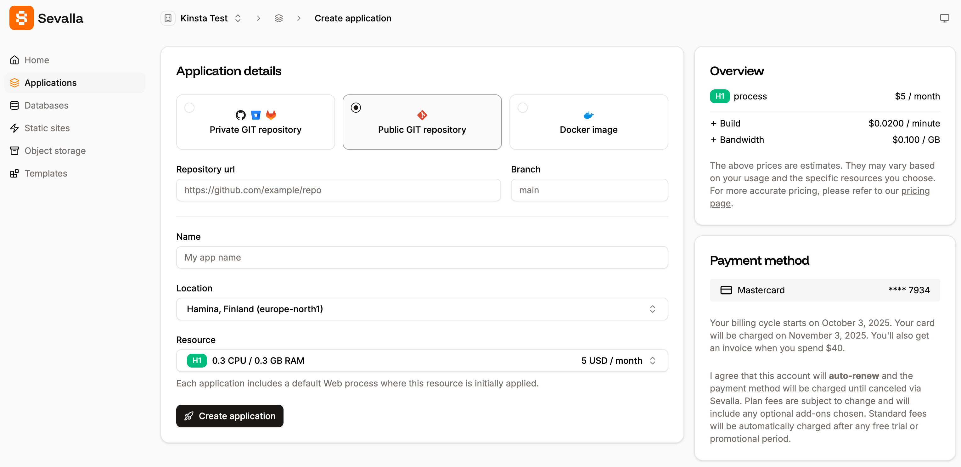 Add a new application using a public Git repository
