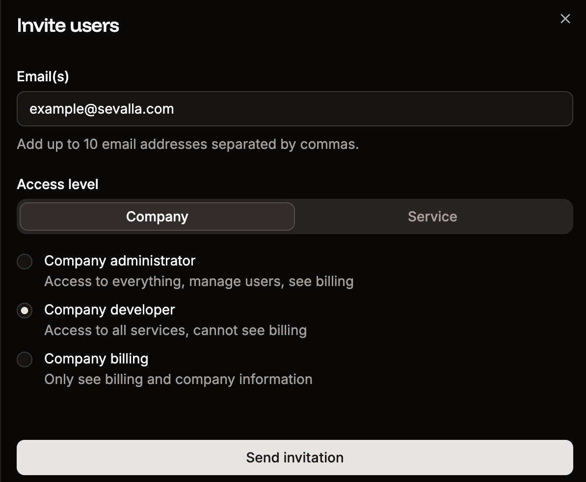 User invite details with company access