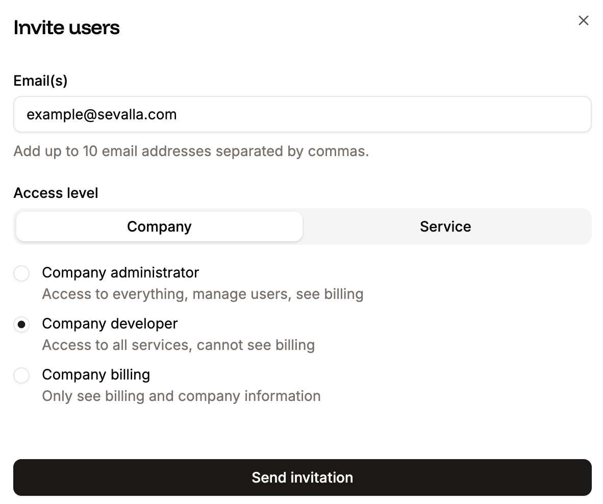 User invite details with company access