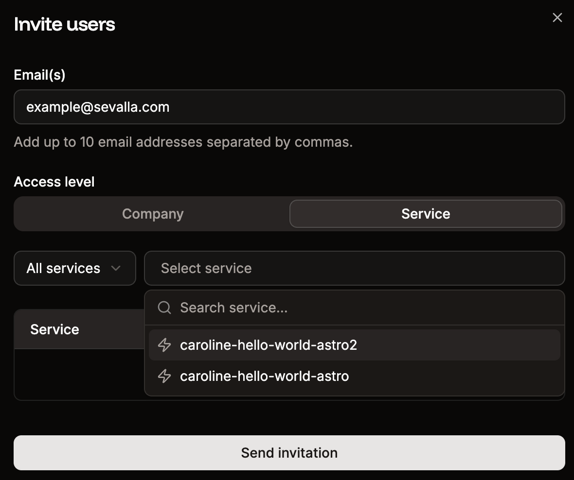 User invite details with service access