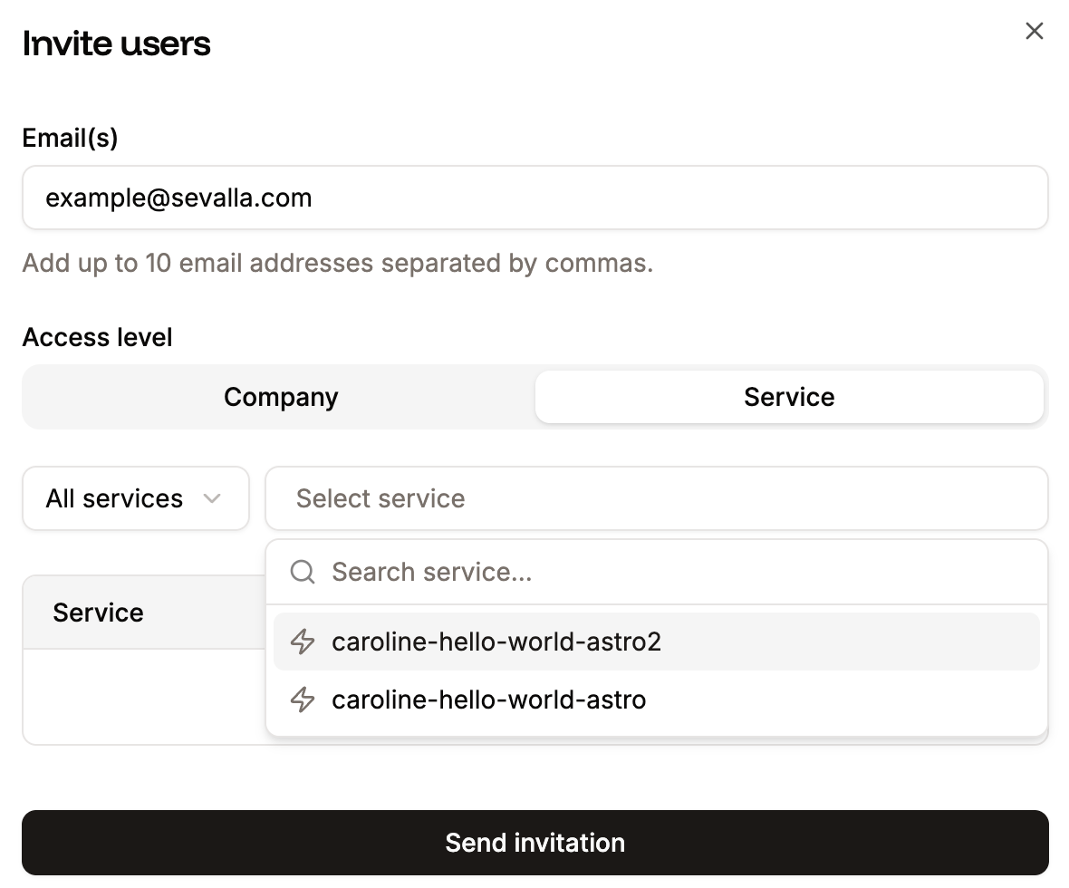 User invite details with service access