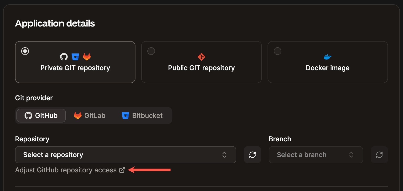 Adjust GitHub repository access when adding an application