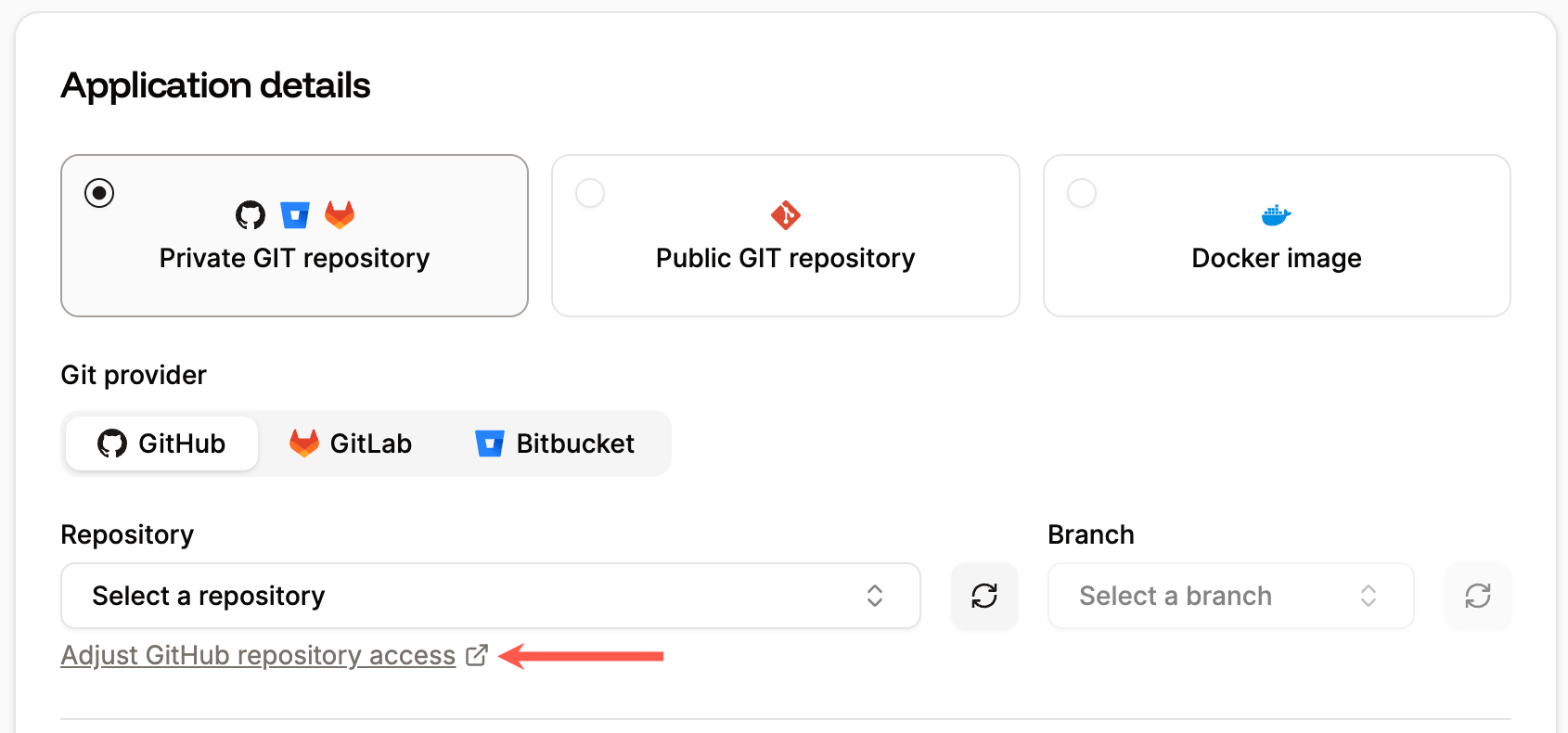 Adjust GitHub repository access when adding an application